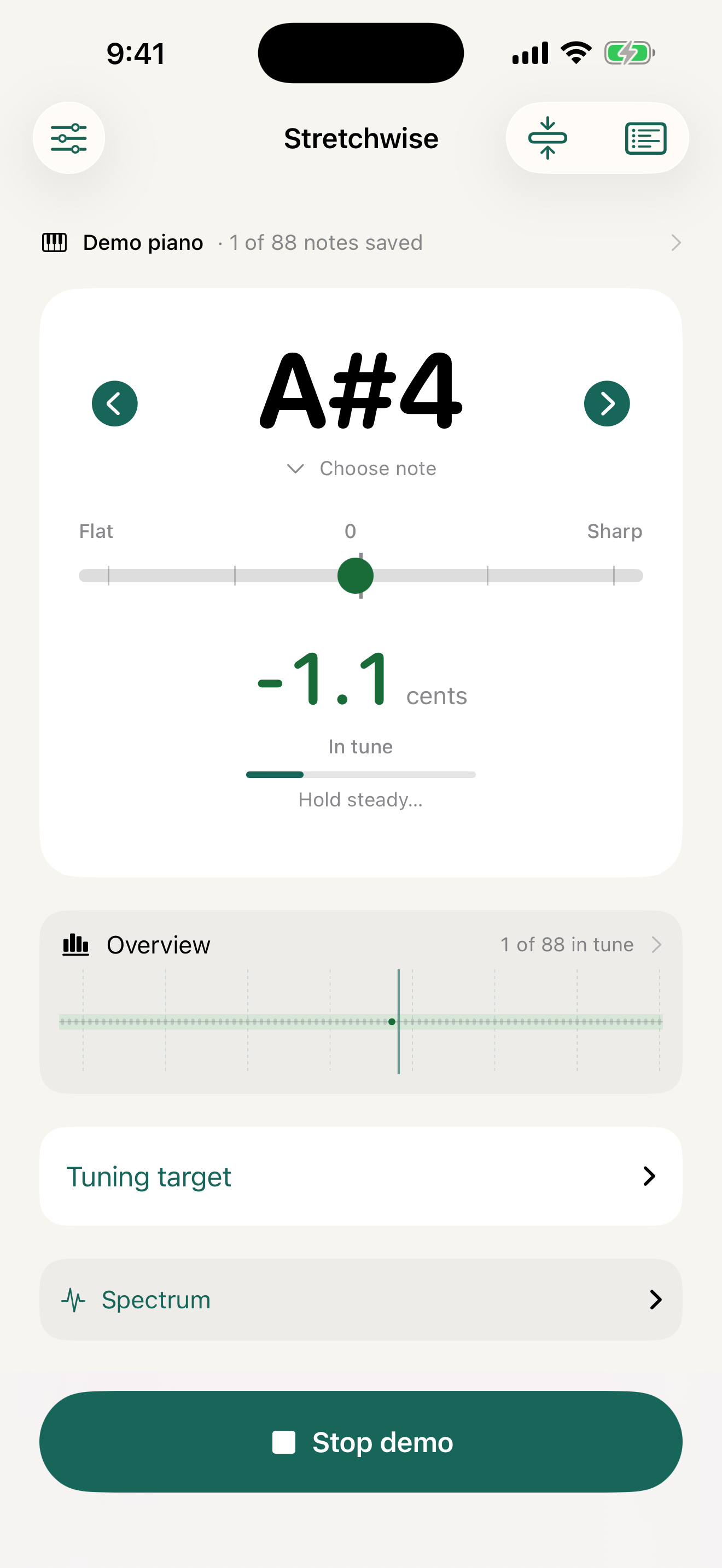 Stretchwise live demo tuning A4 at minus 0.1 cents, marked in tune and settled.