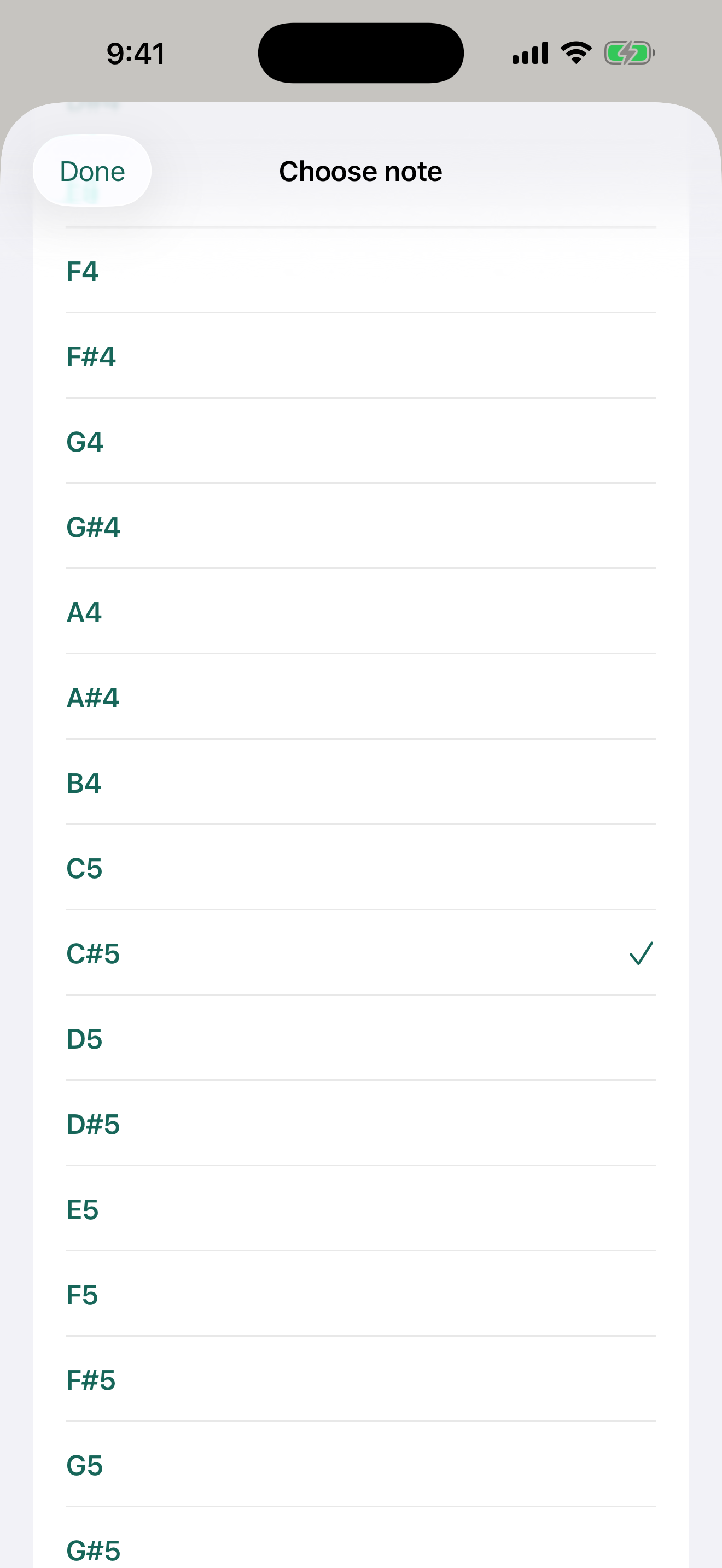 Stretchwise note picker showing chromatic notes around the currently selected key.
