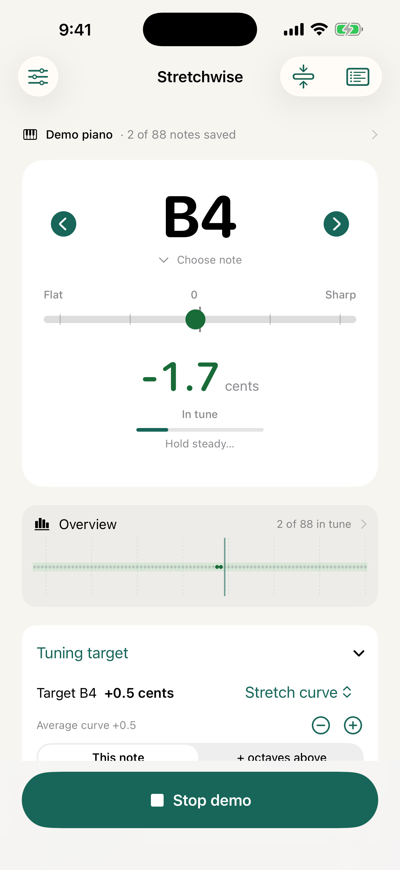 Stretchwise target controls expanded beneath the tuning meter.