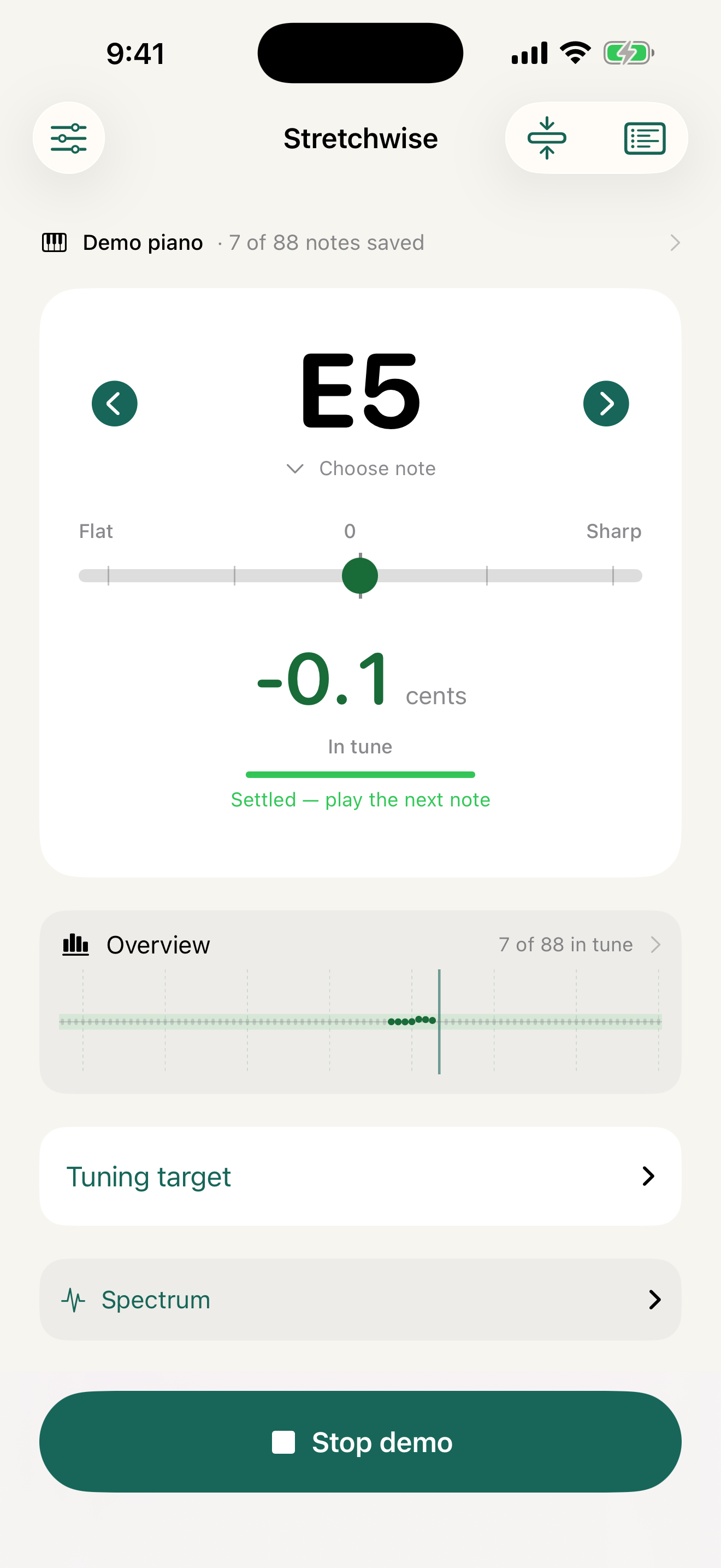 Stretchwise tuning E5 on the demo piano at minus 0.1 cents, in tune and settled.
